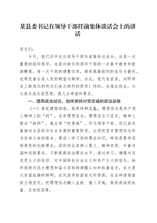 某县委书记在领导干部任前集体谈话会上的讲话