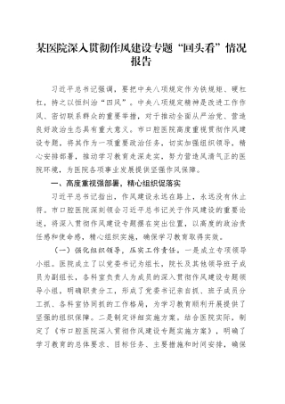 某医院深入贯彻作风建设专题“回头看”情况报告