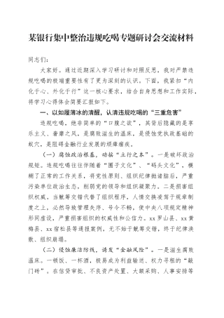 某银行集中整治违规吃喝专题研讨会交流材料