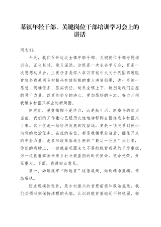 某镇年轻干部、关键岗位干部培训学习会上的讲话