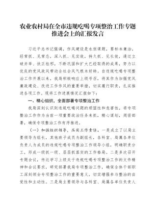 农业农村局在全市违规吃喝专项整治工作专题推进会上的汇报发言