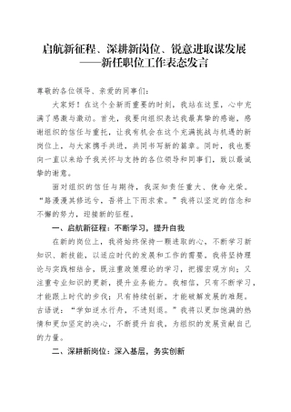 启航新征程、深耕新岗位、锐意进取谋发展——新任职位工作表态发言