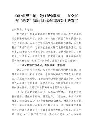 强化组织引领，选优配强队伍——在全省村“两委”换届工作经验交流会上的发言