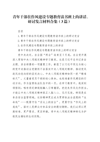 青年干部在作风建设专题教育读书班上的讲话、研讨发言材料合集（3篇）20250514
