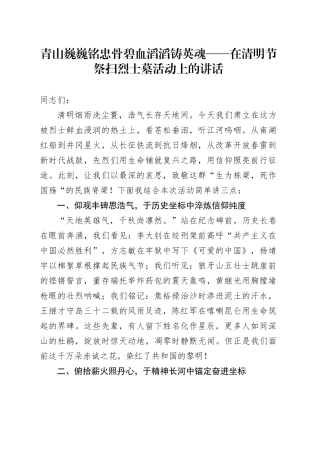 青山巍巍铭忠骨 碧血滔滔铸英魂——在清明节祭扫烈士墓活动上的讲话