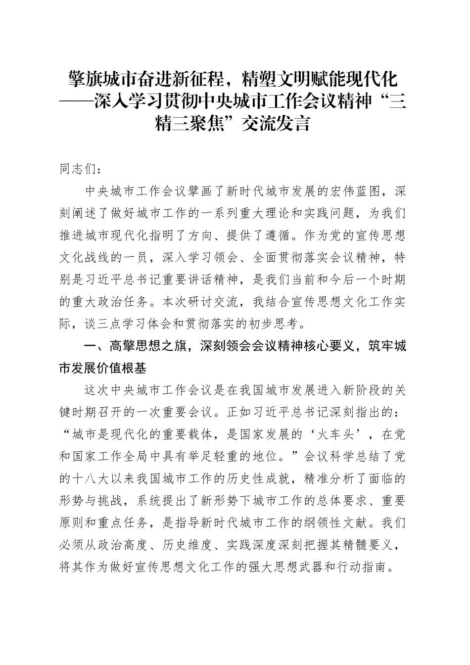 擎旗城市奋进新征程，精塑文明赋能现代化——深入学习贯彻中央城市工作会议精神“三精三聚焦”交流发言_第1页