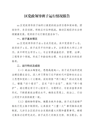区党政领导班子运行情况报告