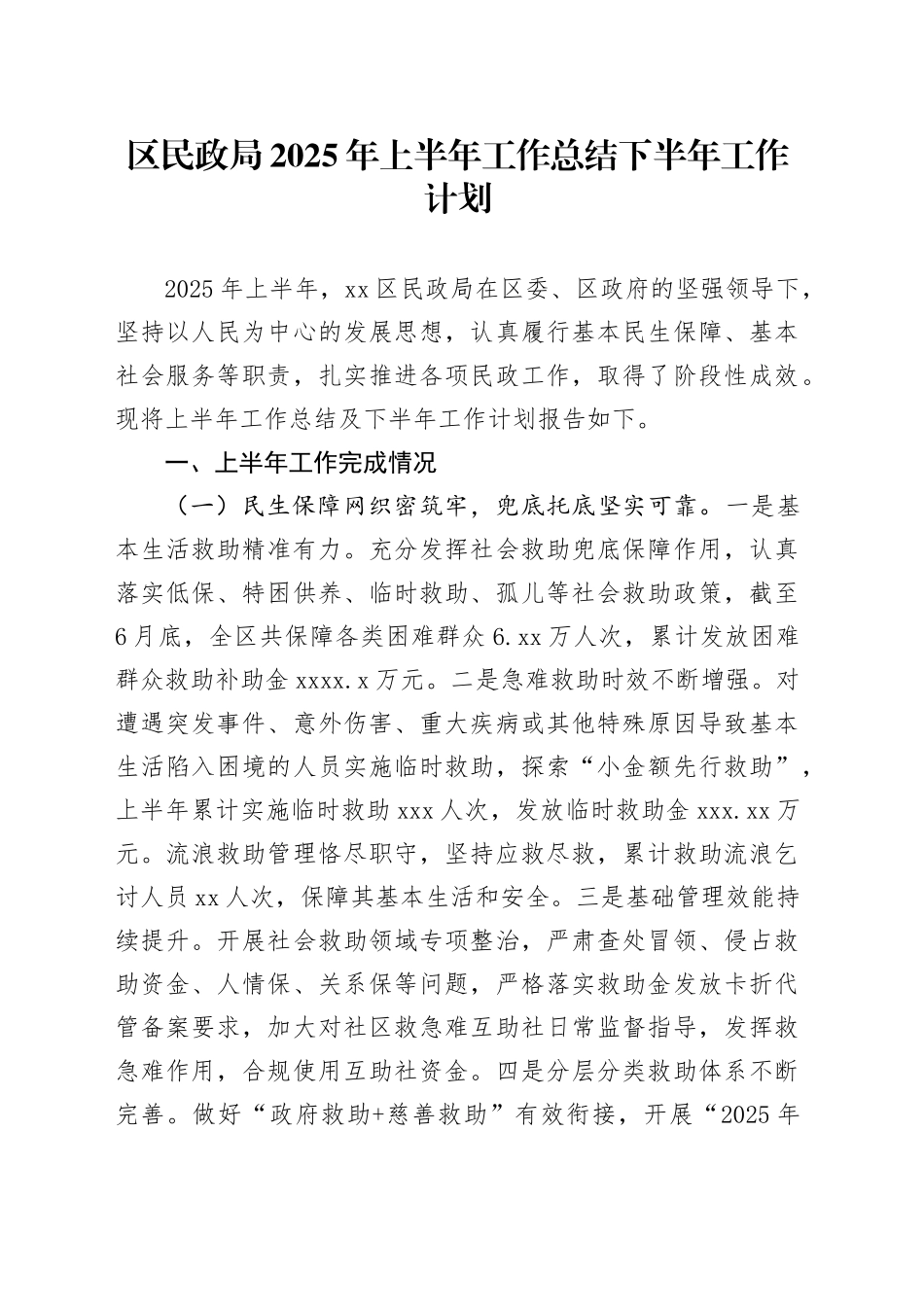 区民政局2025年上半年工作总结下半年工作计划_第1页