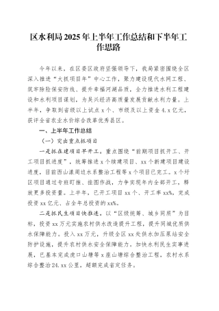 区水利局2025年上半年工作总结和下半年工作思路