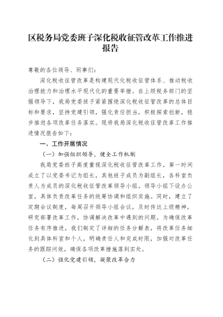 区税务局党委班子深化税收征管改革工作推进报告