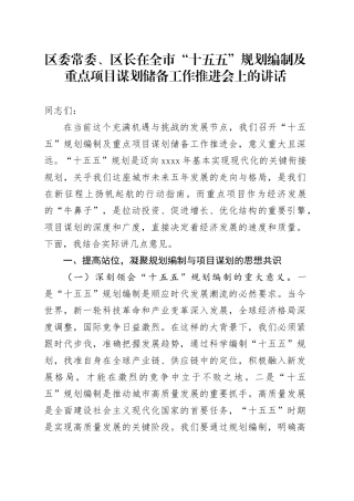 区委常委、区长在全市“十五五”规划编制及重点项目谋划储备工作推进会上的讲话