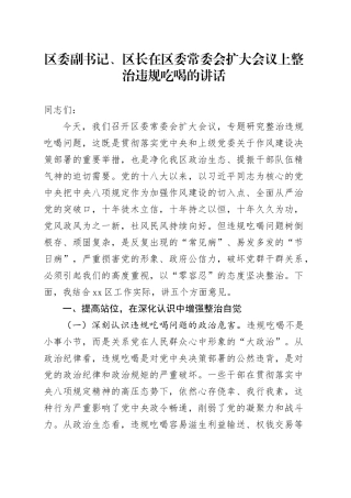 区委副书记、区长在区委常委会扩大会议上整治违规吃喝的讲话20250723