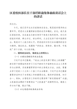 区委组织部长在干部任职前集体廉政谈话会上的讲话20250319