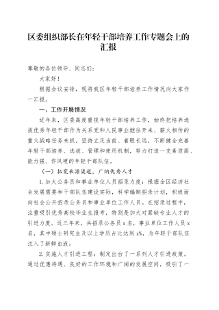 区委组织部长在年轻干部培养工作专题会上的汇报