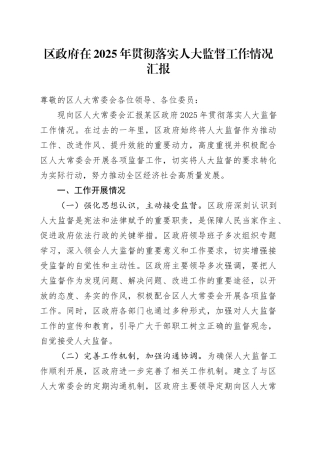 区政府在2025年贯彻落实人大监督工作情况汇报