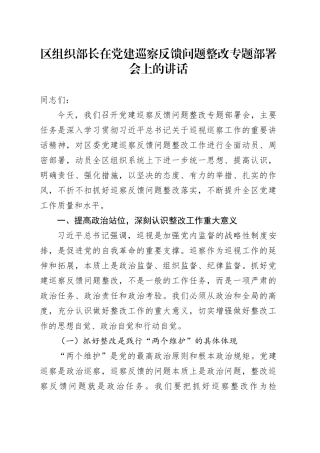 区组织部长在党建巡察反馈问题整改专题部署会上的讲话