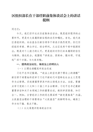 区组织部长在干部任职前集体谈话会上的讲话提纲