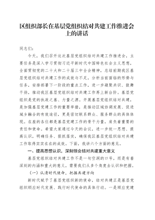 区组织部长在基层党组织结对共建工作推进会上的讲话