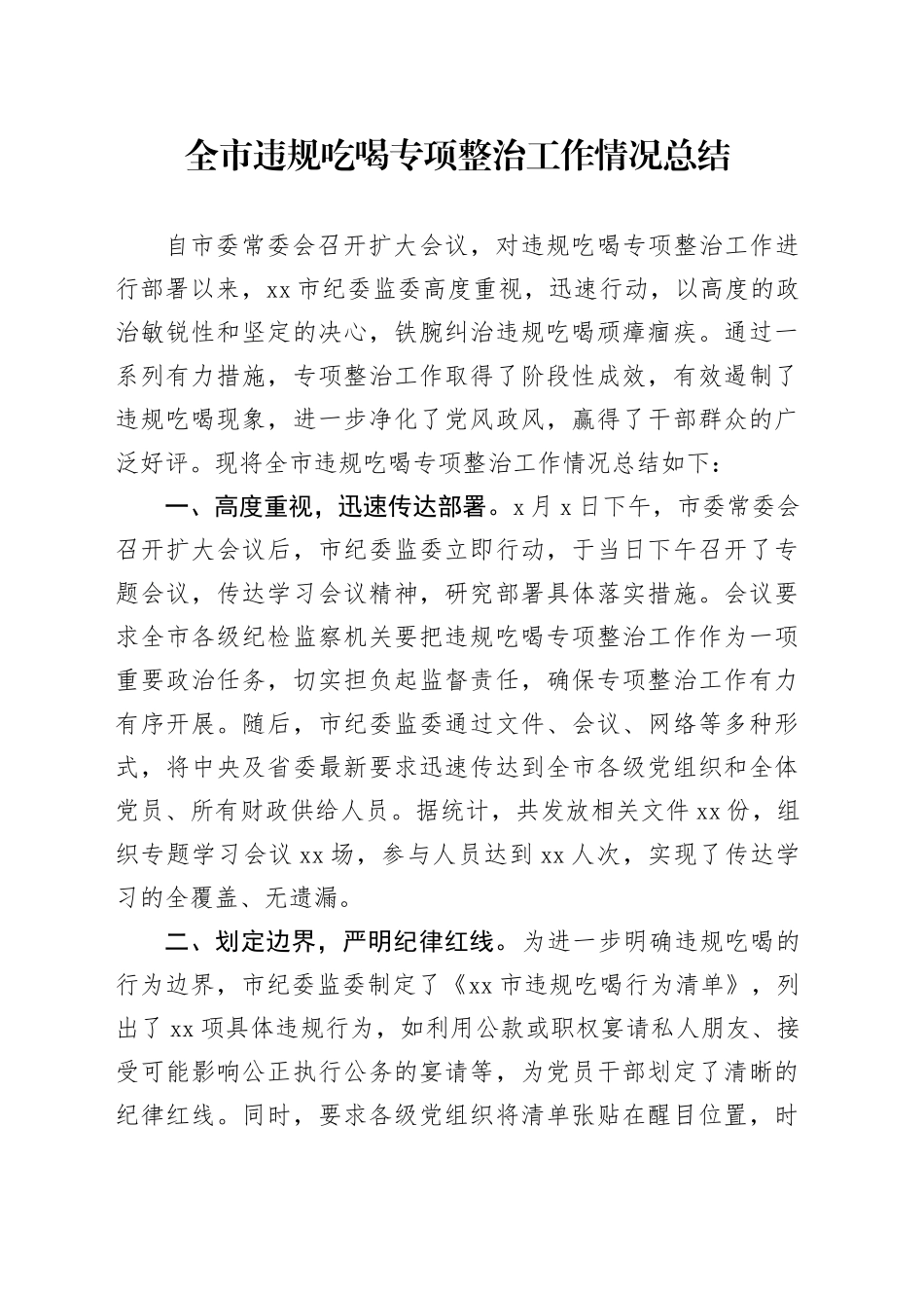 全市违规吃喝专项整治工作情况总结_第1页