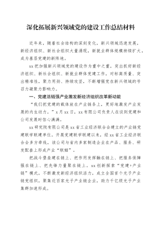 深化拓展新兴领域党的建设工作总结材料