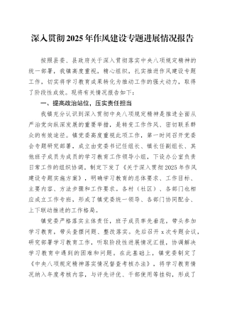 深入贯彻2025年作风建设专题进展情况报告