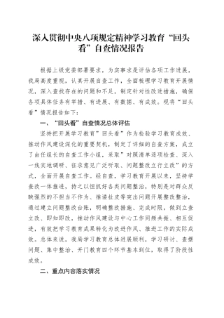 深入贯彻中央八项规定精神学习教育“回头看”自查情况报告