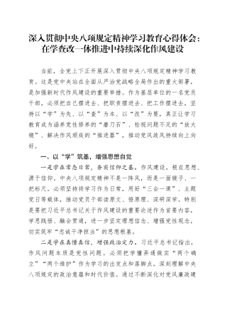 深入贯彻中央八项规定精神学习教育心得体会：在学查改一体推进中持续深化作风建设