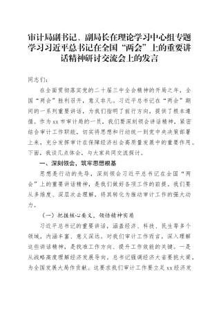 审计局副书记、副局长在理论学习中心组专题学习习近平总书记在全国“两会”上的重要讲话精神研讨交流会上的发言
