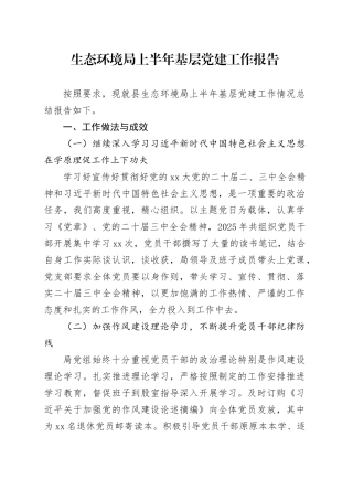 生态环境局上半年基层党建工作报告