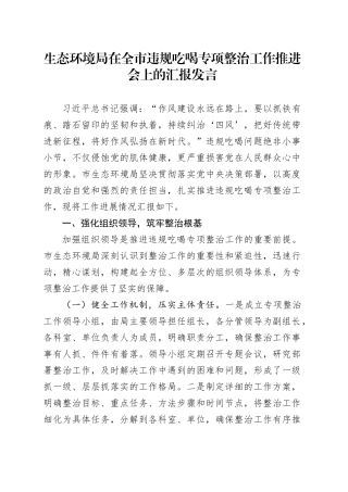 生态环境局在全市违规吃喝专项整治工作推进会上的汇报发言