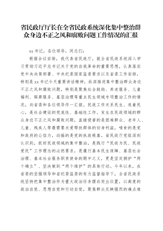 省民政厅厅长在全省民政系统深化集中整治群众身边不正之风和腐败问题工作情况的汇报