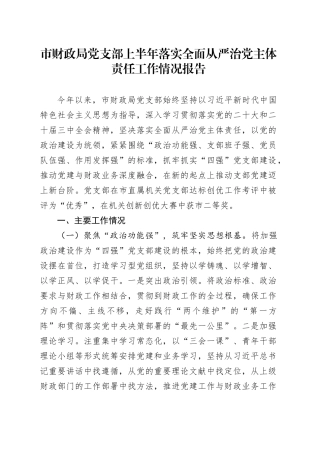 市财政局党支部上半年落实全面从严治党主体责任工作情况报告