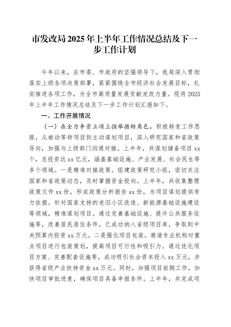 市发改局2025年上半年工作情况总结及下一步工作计划_第1页