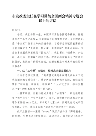市发改委主任在学习贯彻全国两会精神专题会议上的讲话