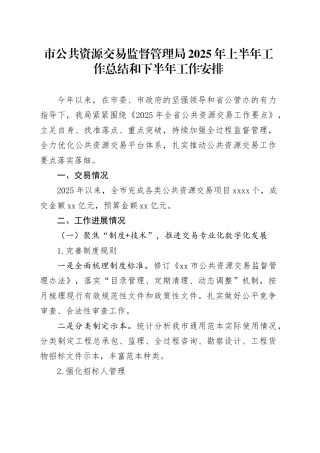 市公共资源交易监督管理局2025年上半年工作总结和下半年工作安排