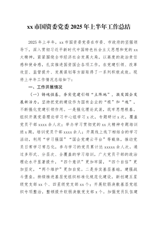 市国资委党委2025年上半年工作总结