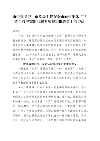 市纪委书记、市监委主任在全市农村集体“三资”管理突出问题专项整治推进会上的讲话