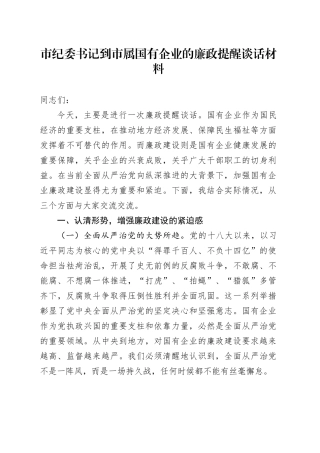 市纪委书记到市属国有企业的廉政提醒谈话材料