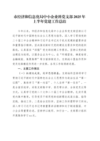 市经济和信息化局中小企业科党支部2025年上半年党建工作总结