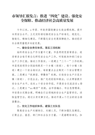 市领导汇报发言：推进“四化”建设，强化安全保障，推动经济社会高质量发展