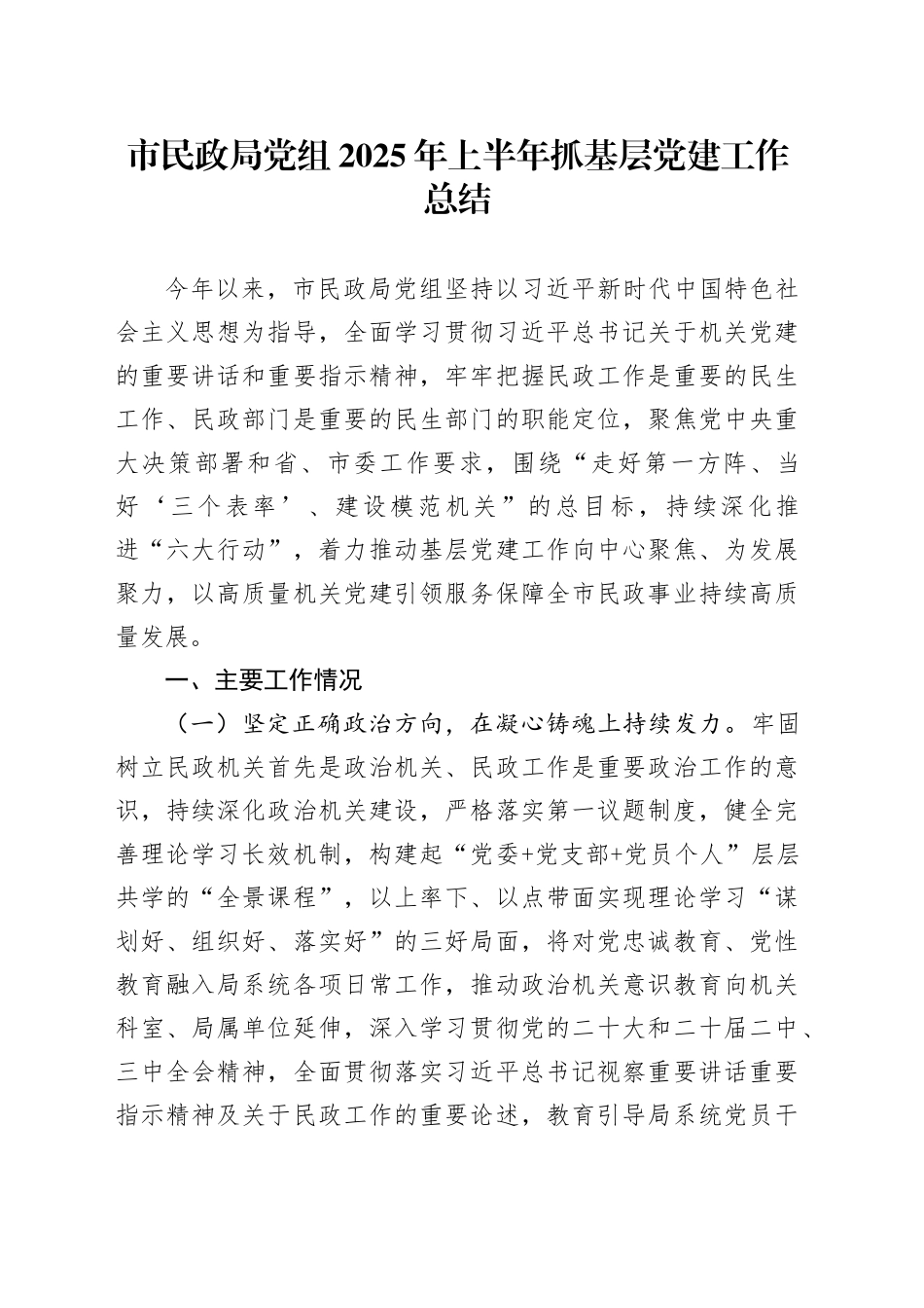 市民政局党组2025年上半年抓基层党建工作总结_第1页