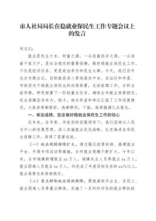 市人社局局长在稳就业保民生工作专题会议上的发言