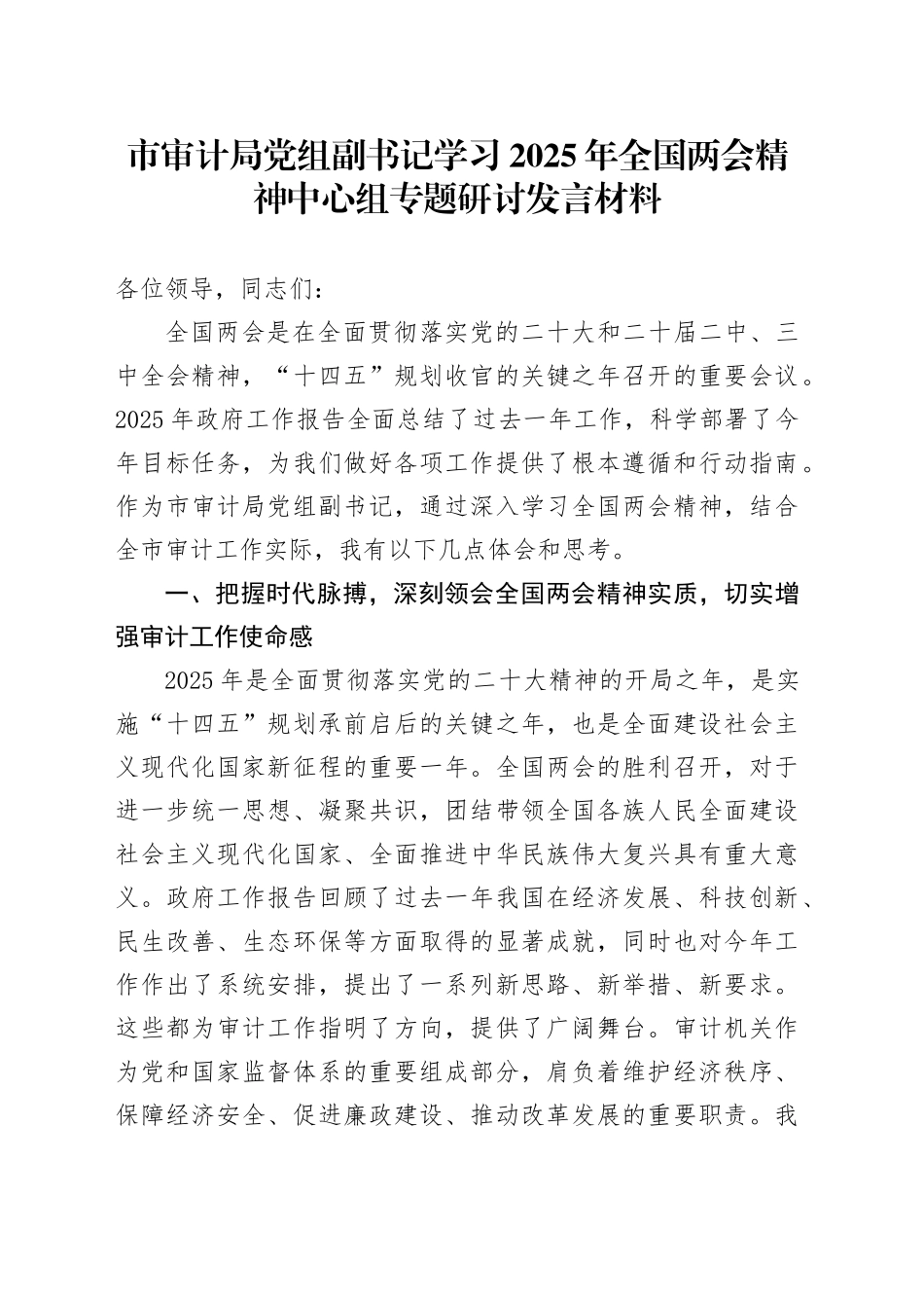 市审计局党组副书记学习2025年全国两会精神中心组专题研讨发言材料_第1页