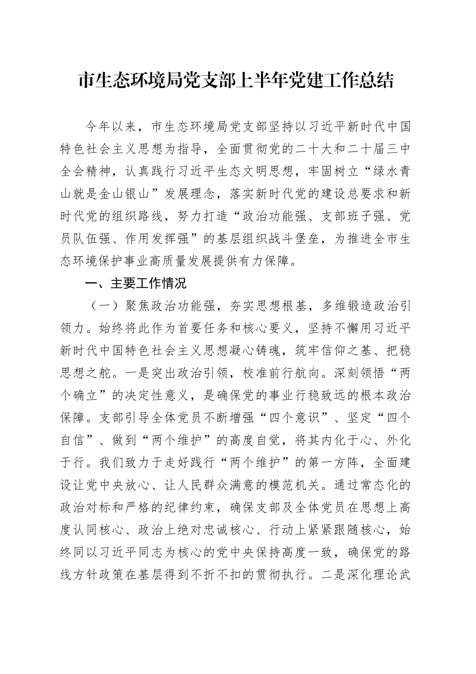 市生态环境局党支部上半年党建工作总结_第1页