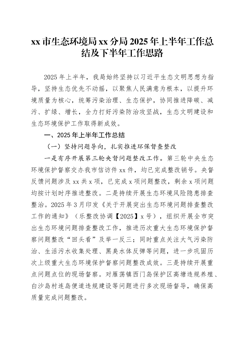市生态环境局分局2025年上半年工作总结及下半年工作思路_第1页