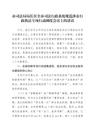 市司法局局长在全市司法行政系统规范涉企行政执法专项行动调度会议上的讲话