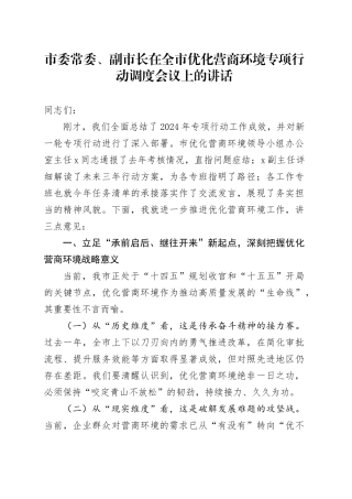 市委常委、副市长在全市优化营商环境专项行动调度会议上的讲话