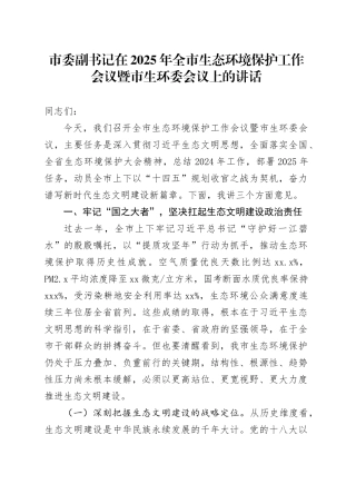 市委副书记在2025年全市生态环境保护工作会议暨市生环委会议上的讲话