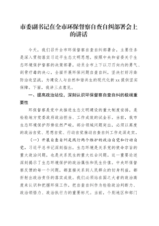 市委副书记在全市环保督察自查自纠部署会上的讲话