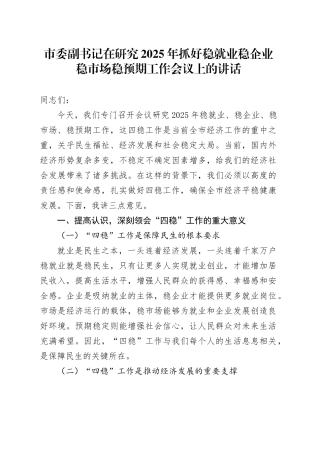 市委副书记在研究2025年抓好稳就业稳企业稳市场稳预期工作会议上的讲话